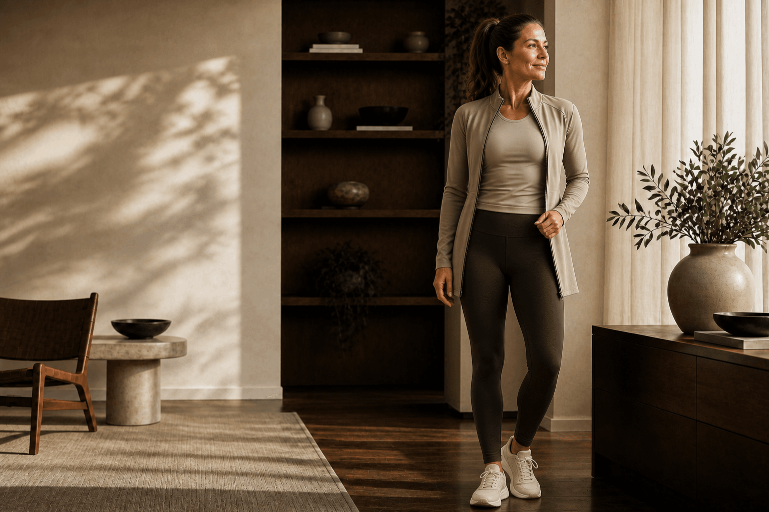 A woman in her forties wearing refined performance layers in a warm editorial setting