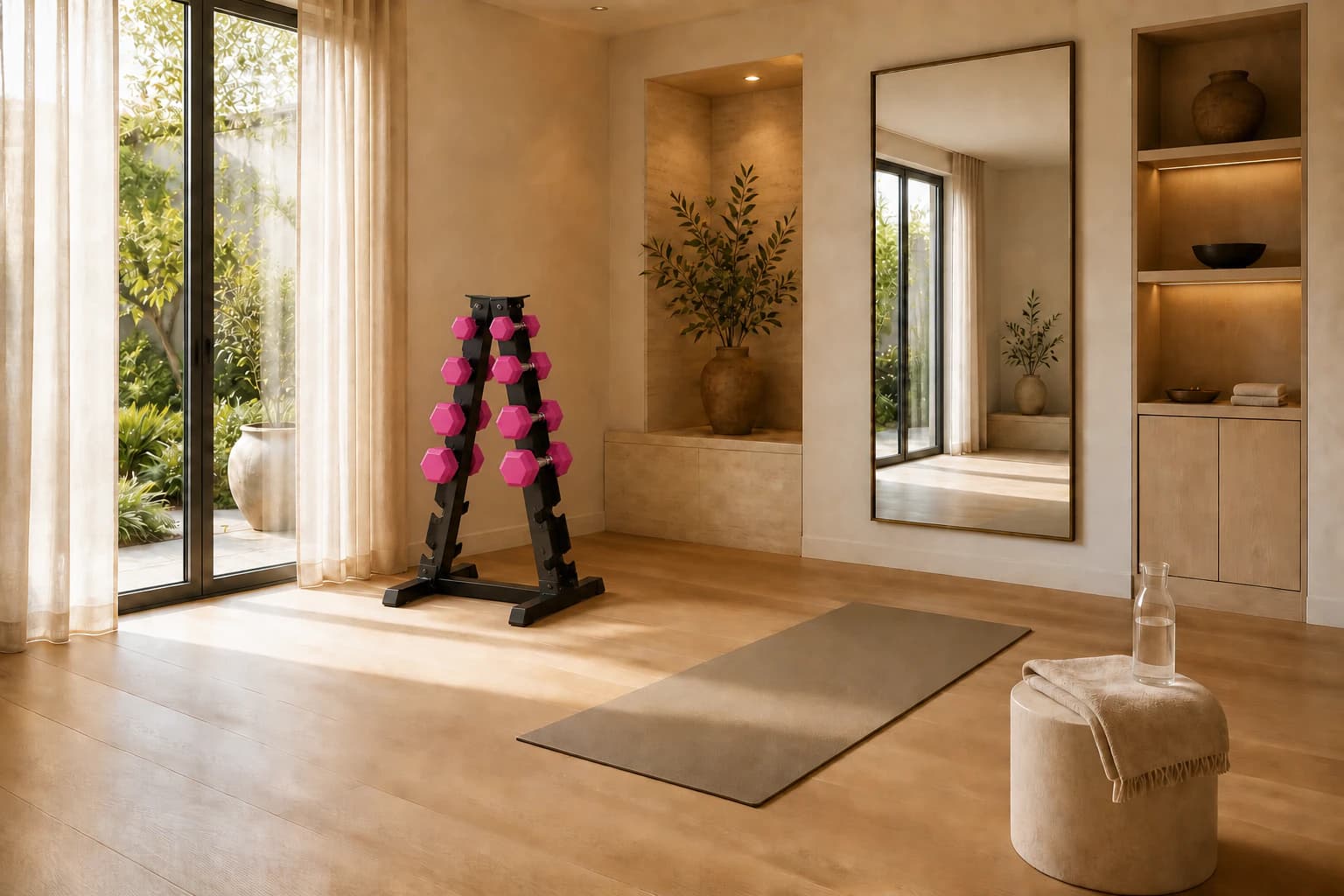 A refined sunlit home wellness room with a mat and pink dumbbells
