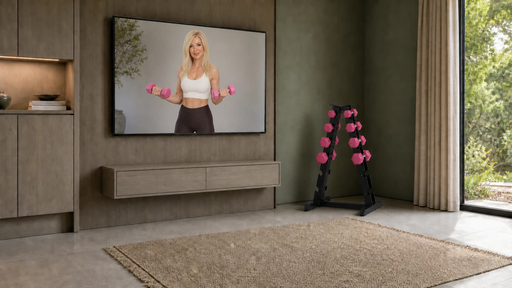 A refined home wellness room with Lesley leading a session on TV